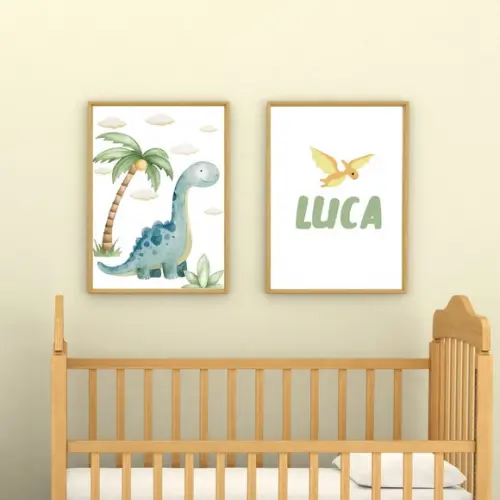 Kit 2 Quadros Personalizados Dinossauro Infantil com Vidro