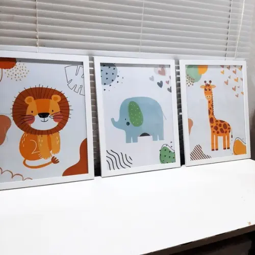 Kit 3 Peças Quadro Infantil Safari Aquarela Moldura 33x43 cm