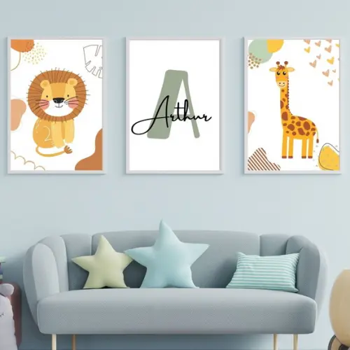 Kit 3 Peças Safari Minimalista Personalizado Moldura 33x43cm