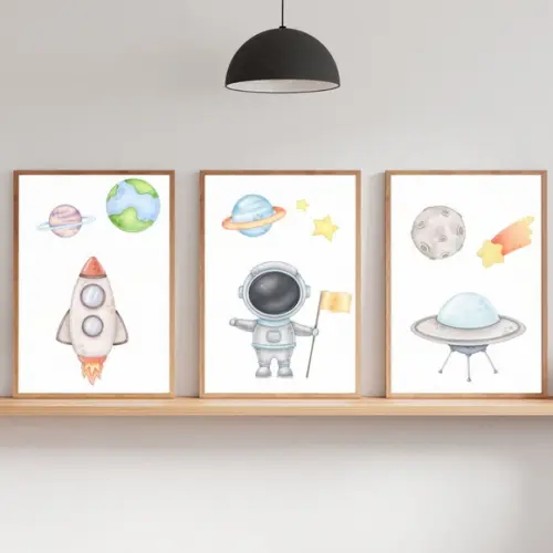 Kit 3 Quadro Infantil Astronauta Moldura com Vidro 33x43 cm