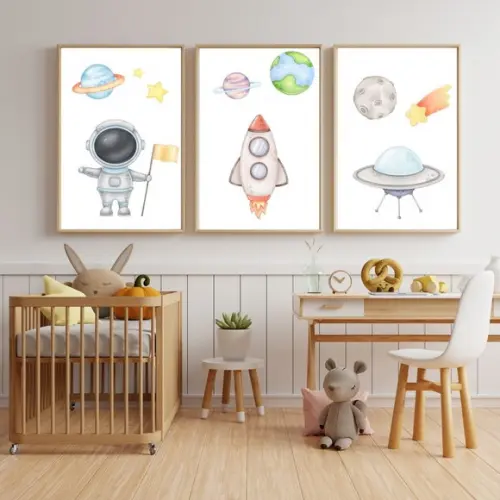Kit 3 Quadro Infantil Astronauta Moldura com Vidro 33x43 cm