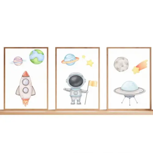 Kit 3 Quadro Infantil Astronauta Moldura com Vidro 33x43 cm