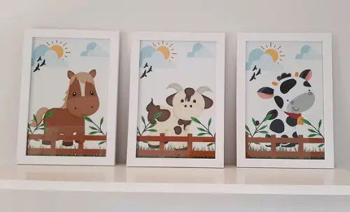 Kit 3 Quadro Infantil Fazendinha Quarto Bebe com Vidro