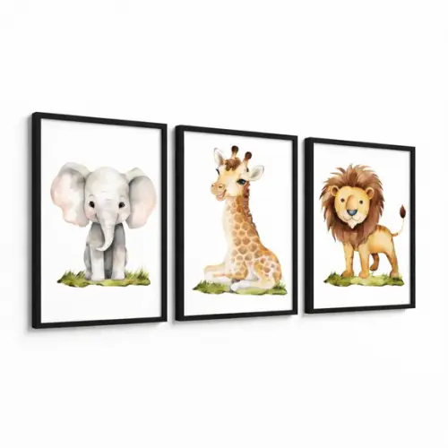 Kit 3 Quadros Animais Quarto de Bebê Safari Moldura e Vidro