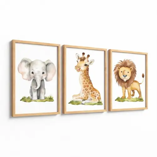 Kit 3 Quadros Animais Quarto de Bebê Safari Moldura e Vidro