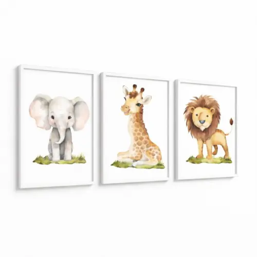 Kit 3 Quadros Animais Quarto de Bebê Safari Moldura e Vidro