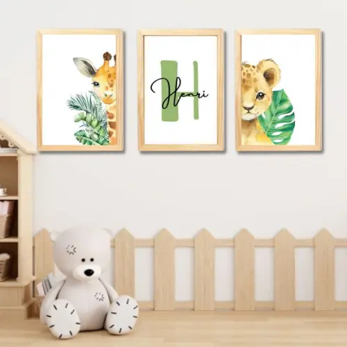 Kit 3 Quadro Infantil Safari com Nome 23x33 cm