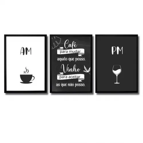 Kit 3 Quadros Cantinho do Café Bar Vinho Taça Am Pm 20x30cm