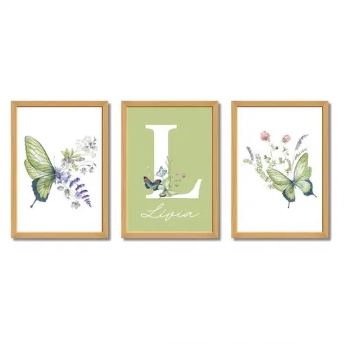 Kit 3 Quadros Bebê Menina Borboletas | Moldura com Vidro