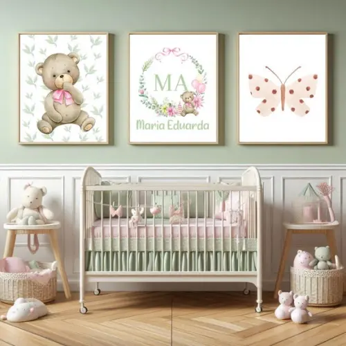 Kit 3 Quadros Bebê Menina Personalizado | Moldura com Vidro