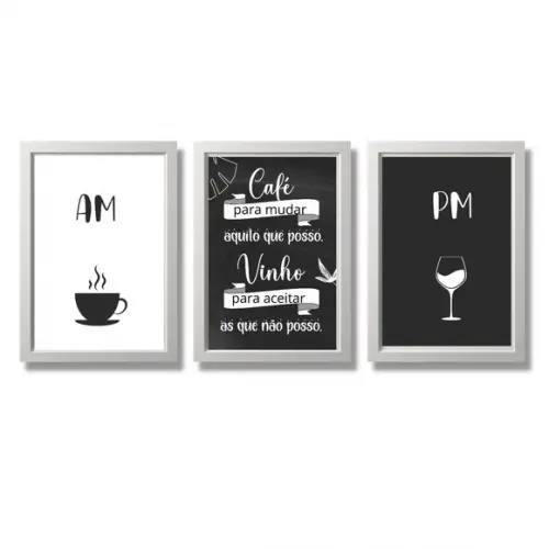 Kit 3 Quadros Cantinho do Café Bar Vinho Taça Am Pm 20x30cm