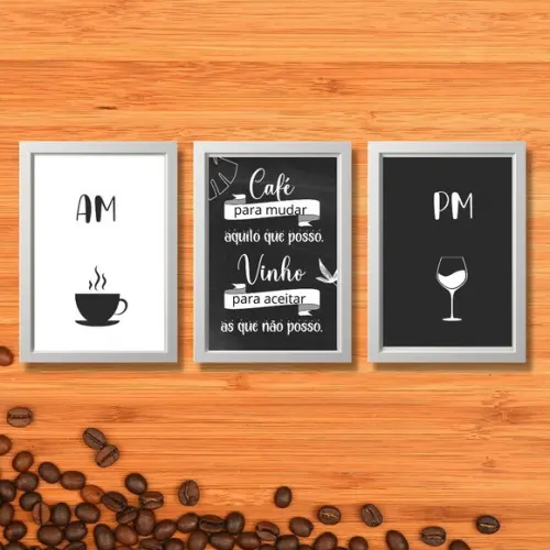 Kit 3 Quadros Cantinho do Café Bar Vinho Taça Am Pm 20x30cm