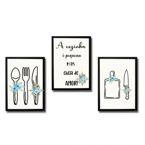 Kit 3 Quadros Decorativo p/ Cozinha Moldura e Vidro 20x30