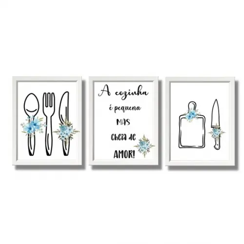 Kit 3 Quadros Decorativo p/ Cozinha Moldura e Vidro 20x30