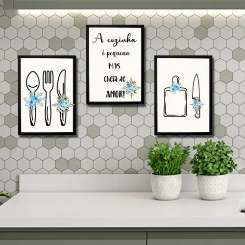 Kit 3 Quadros Decorativo p/ Cozinha Moldura e Vidro 20x30