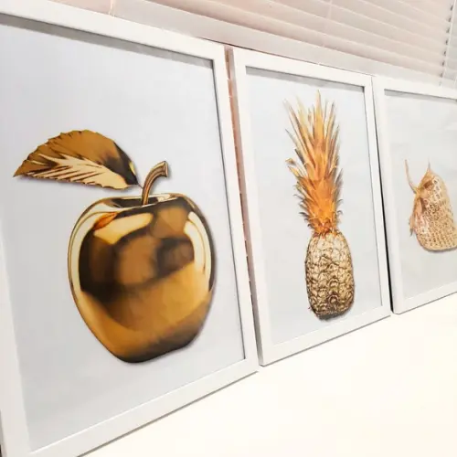 Kit 3 Quadros Decorativo para Cozinha Abacaxi Dourado 33x43