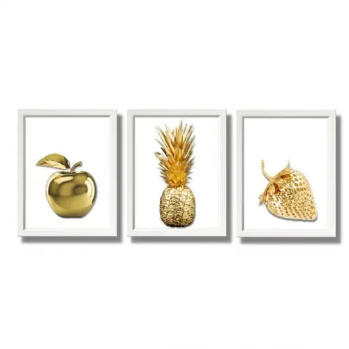 Kit 3 Quadros Decorativo para Cozinha Abacaxi Dourado 33x43