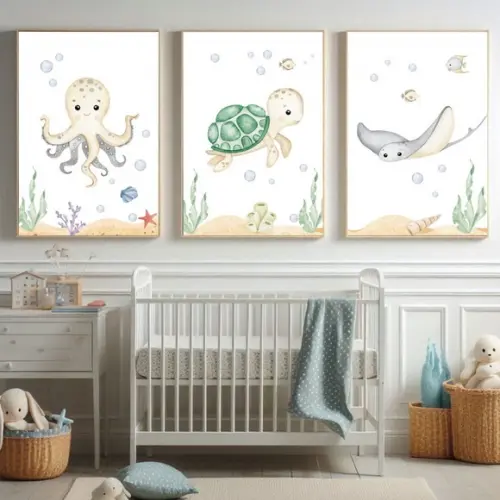 Kit 3 Quadros Decorativos Infantil Fundo do Mar com Vidro