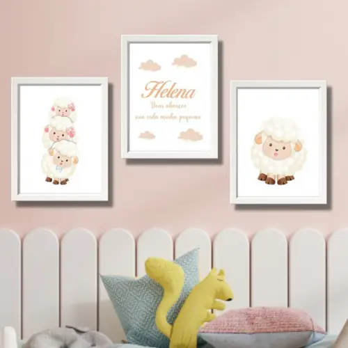 Kit 3 Quadros Decorativos Ovelhinha Personalizado 23x33cm