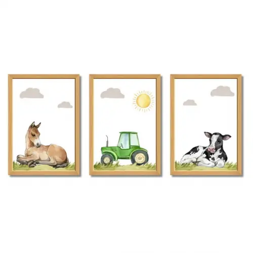 Kit 3 Quadros Decorativos Quarto Infantil Fazendinha 23x33cm