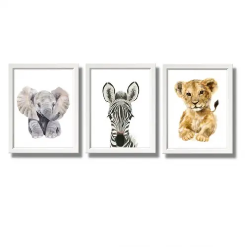 Kit 3 Quadros Decorativos Safari Leao Elefante Zebra 33x43cm