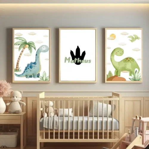Kit 3 Quadros Dino para Quarto de Bebê Personalizado