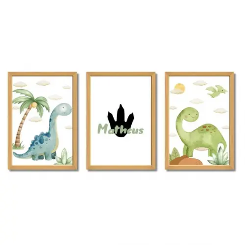 Kit 3 Quadros Dino para Quarto de Bebê Personalizado