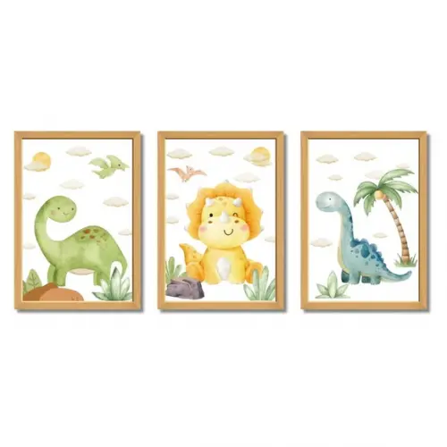 Kit 3 Quadros Dinossauro | Decoração Quarto Bebê | 23x33 cm