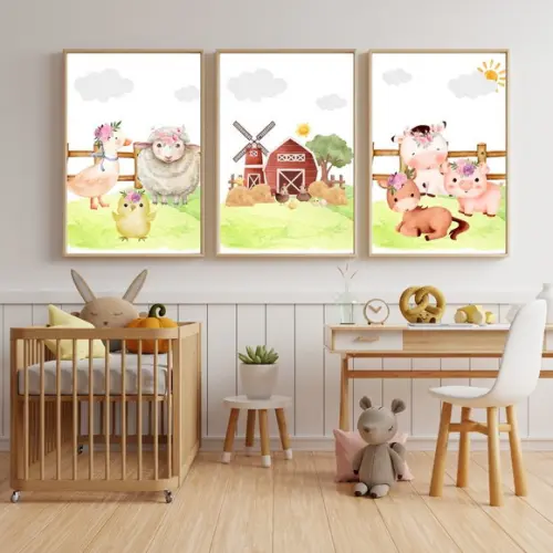 Kit 3 Quadros Fazendinha Baby | Vaquinha, Porquinho e Cavalo