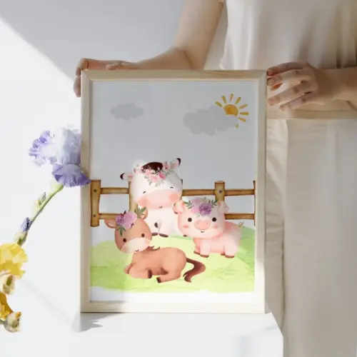Kit 3 Quadros Fazendinha Baby | Vaquinha, Porquinho e Cavalo