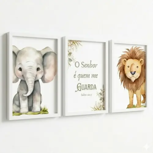 Kit 3 Quadros Infantil Animais Frase Bíblica Moldura e Vidro