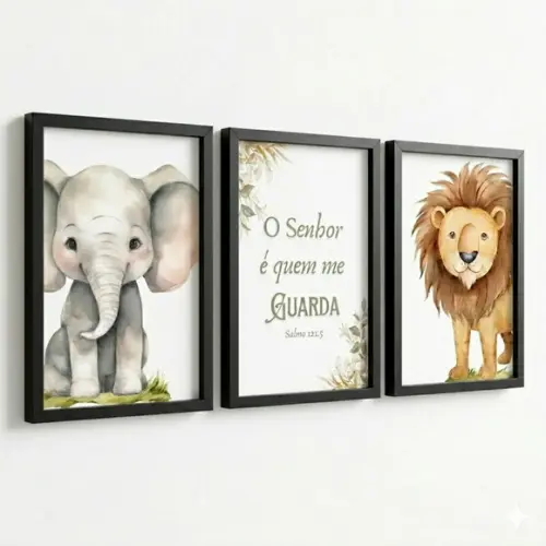 Kit 3 Quadros Infantil Animais Frase Bíblica Moldura e Vidro