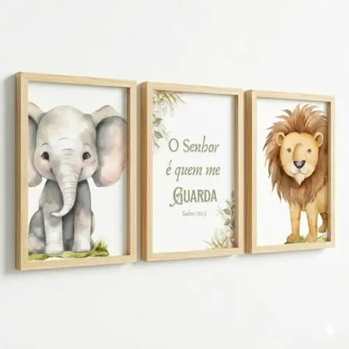 Kit 3 Quadros Infantil Animais Frase Bíblica Moldura e Vidro