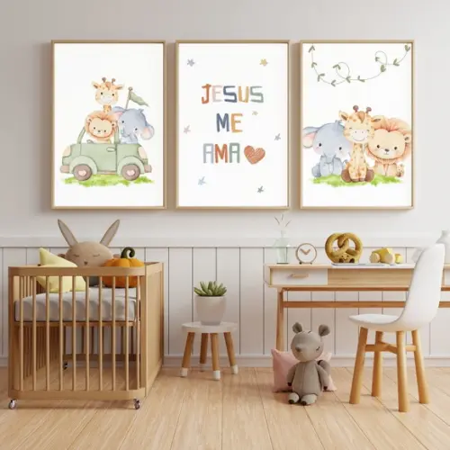 Kit 3 Quadros Infantil Bíblico Cristão Safari com Vidro