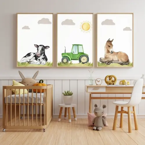 Kit 3 Quadros Infantil Fazendinha |vaquinha Trator Cavalinho