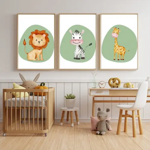 Kit 3 Quadros Infantil para Quarto Safari Aquarela 23x33