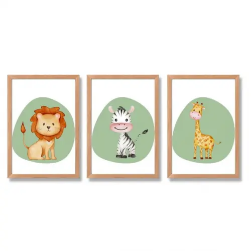 Kit 3 Quadros Infantil para Quarto Safari Aquarela 23x33