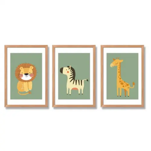 Kit 3 Quadros Infantil para Quarto Safari Minimalista 23x33
