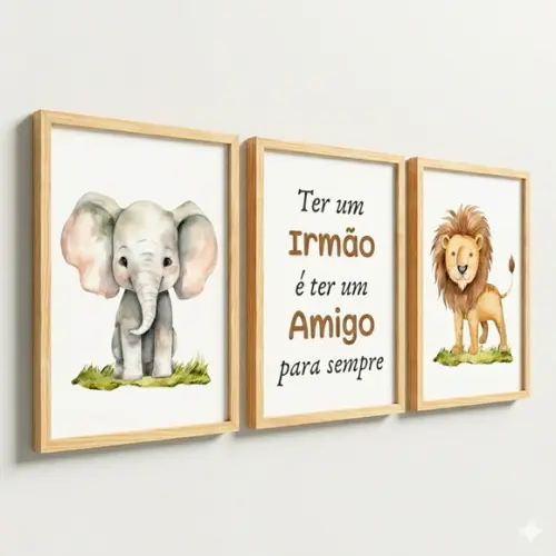 Kit 3 Quadros Infantil Quarto Compartilhado Irmãos Safari