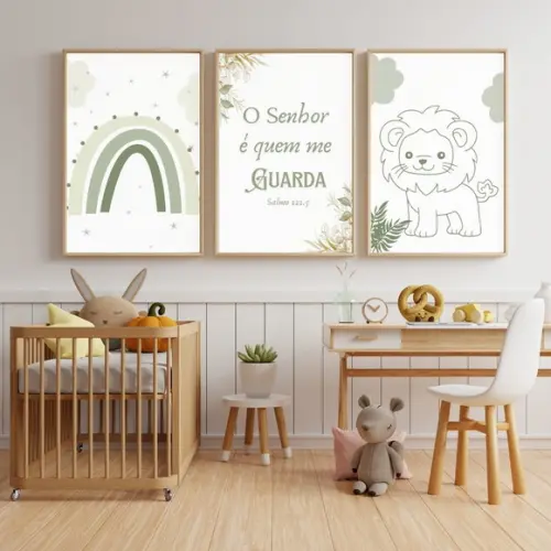 Kit 3 Quadros Infantil Quarto de Bebê Animais com Vidro