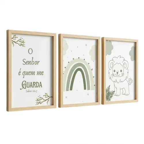 Kit 3 Quadros Infantil Quarto de Bebê Animais com Vidro