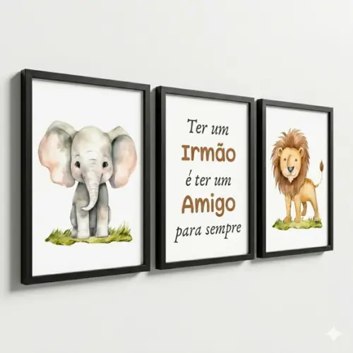 Kit 3 Quadros Infantil Quarto Compartilhado Irmãos Safari