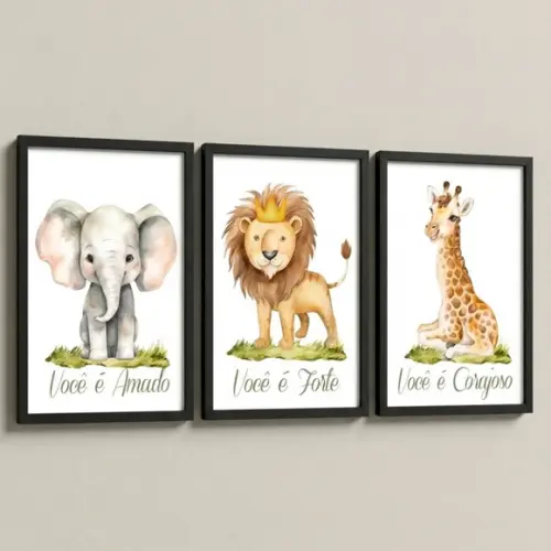 Kit 3 Quadros Infantil Safari Seja Forte Moldura com Vidro