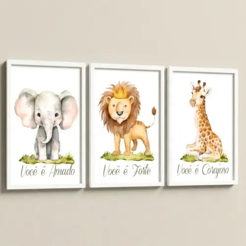Kit 3 Quadros Infantil Safari Seja Forte Moldura com Vidro