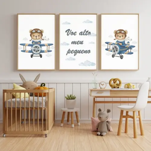 Kit 3 Quadros Infantil Urso Aviador Aquarela Moldura e Vidro