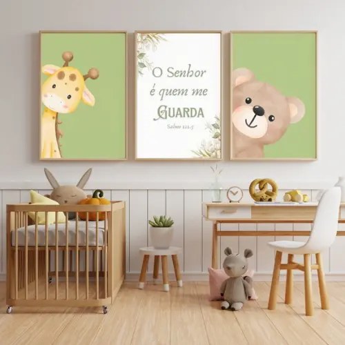 Kit 3 Quadros Infantil Versículo Safari Aquarela com Vidro