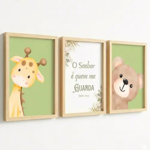 Kit 3 Quadros Infantil Versículo Safari Aquarela com Vidro