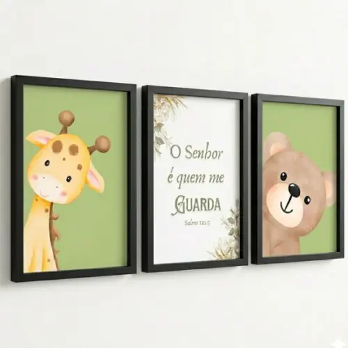 Kit 3 Quadros Infantil Versículo Safari Aquarela com Vidro