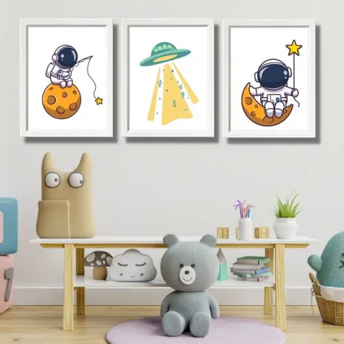 Kit 3 Quadros para Quarto de Menino Astronauta Espaço 33x43