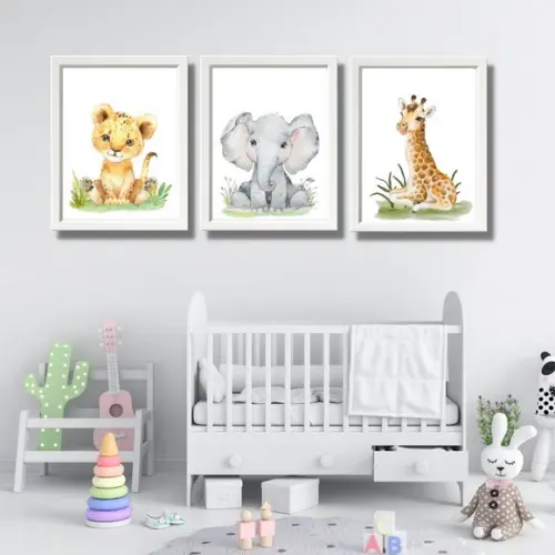 Kit 3 Quadros Tema Safari Moldura Branca com Vidro 23x33cm